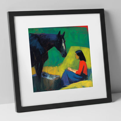 Quiet Communion horse & rider art print in black frame