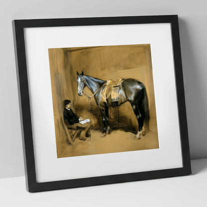 Quiet Stable Companions horse & rider art print in black frame