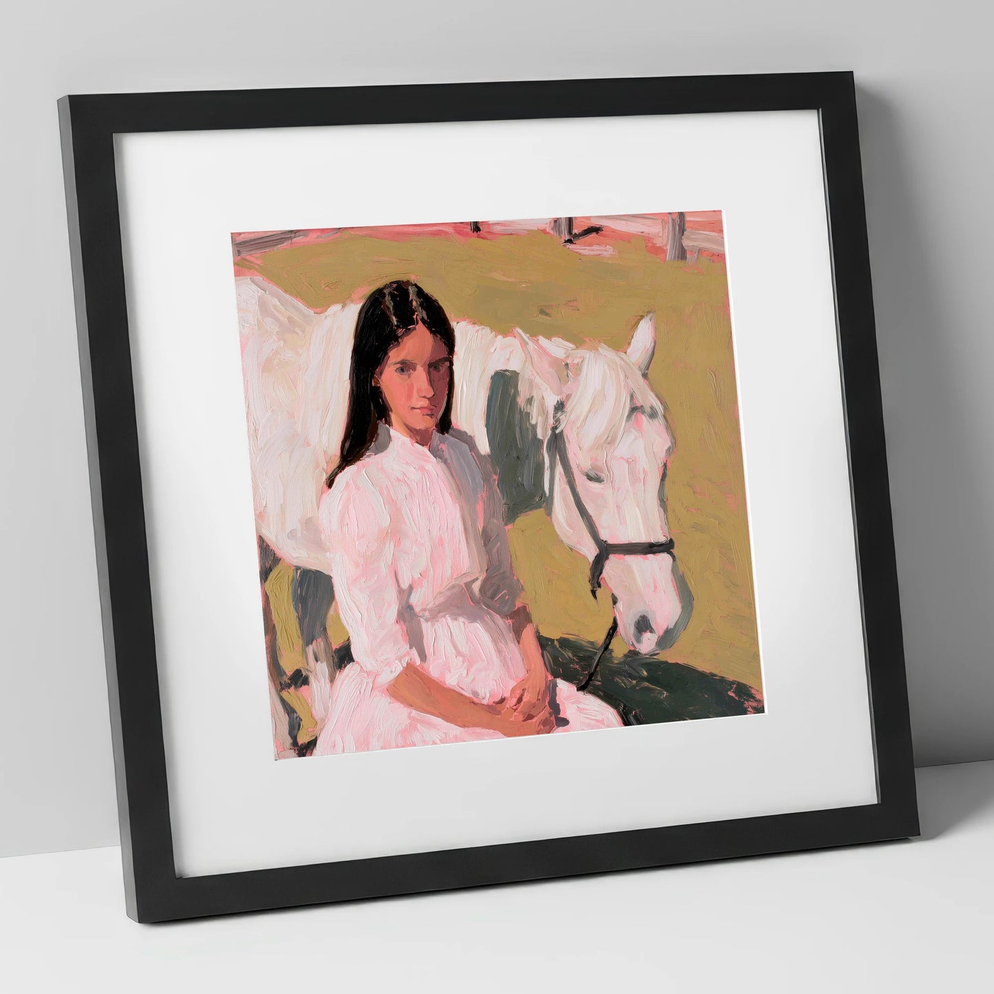 Pastel Companionship horse & rider art print in black frame