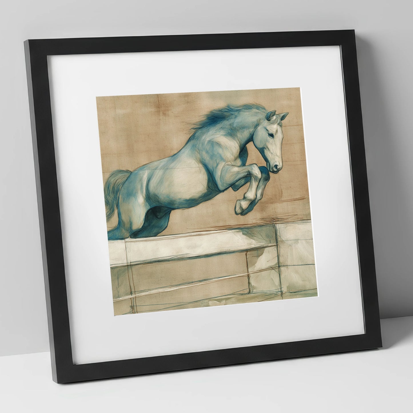 Airborne Grace show jumping horse art print in black frame