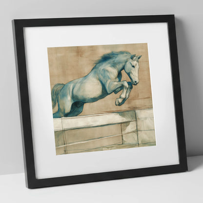 Airborne Grace show jumping horse art print in black frame