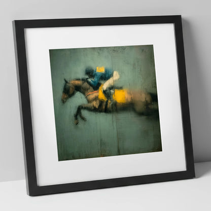 Airborne in Teal and Gold show jumping horse art print in black frame