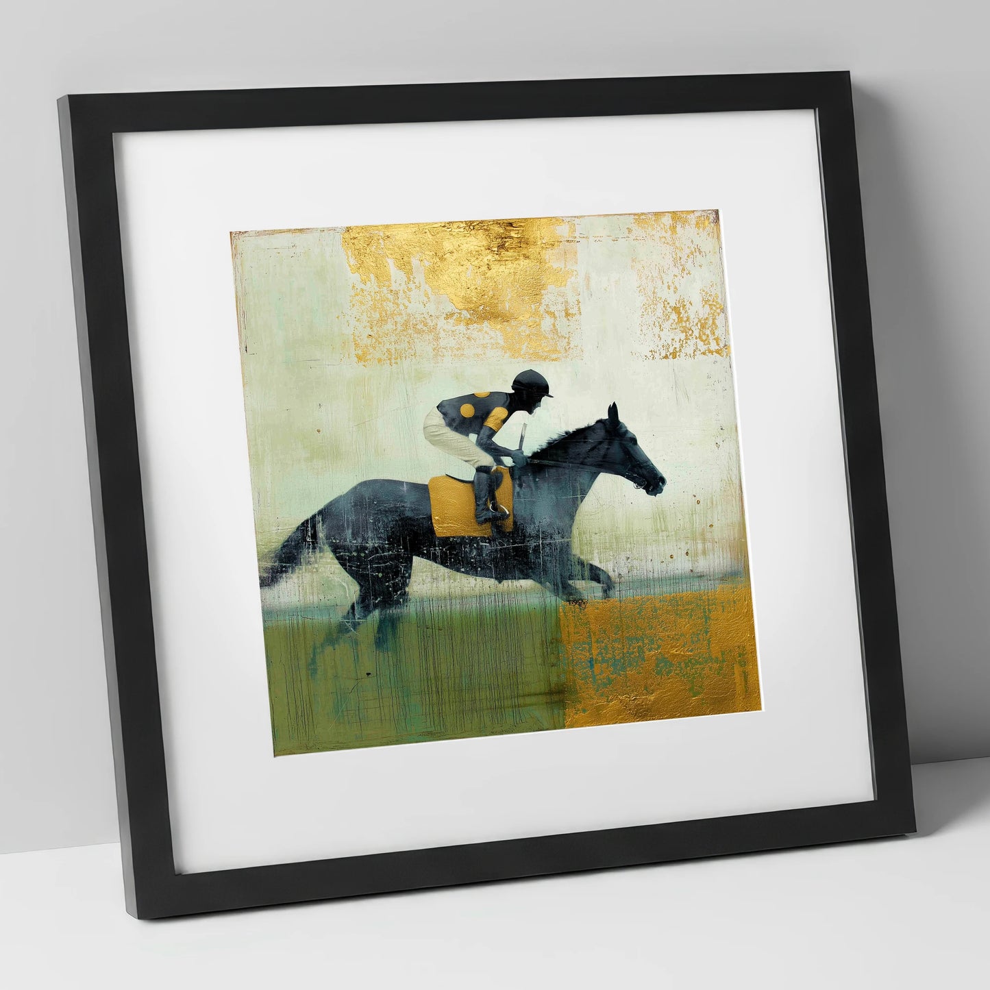 The Golden Furlong racing horse art print in black frame