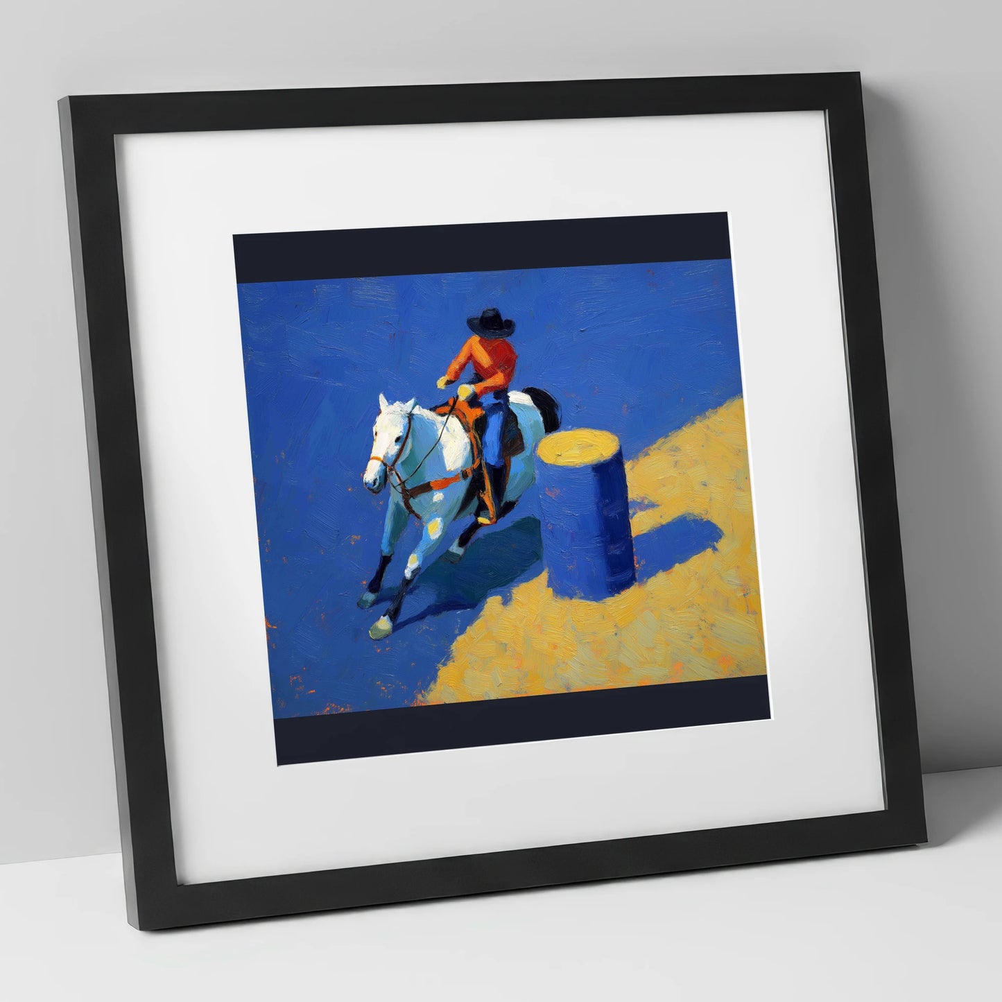 Blue Barrel Turn western horse art print in black frame