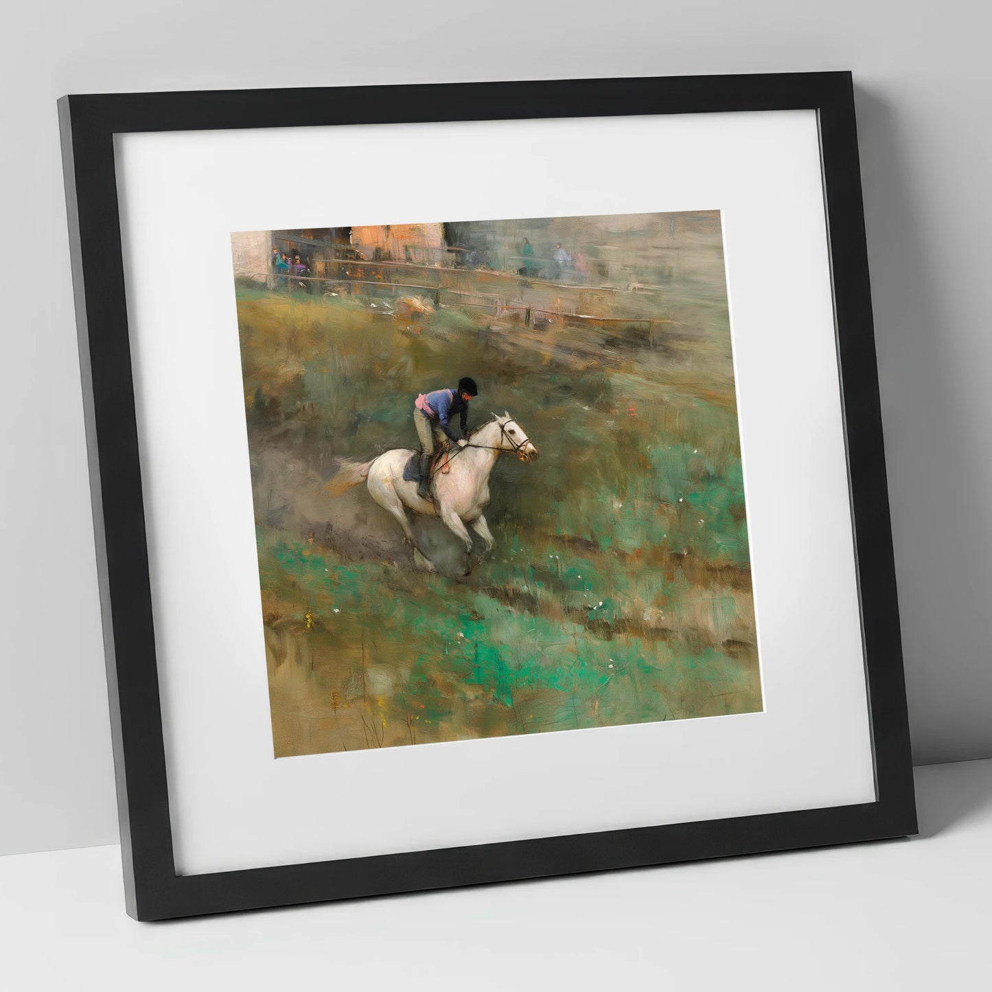 Through the Morning Mist racing horse art print in black frame