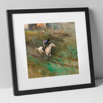 Through the Morning Mist racing horse art print in black frame