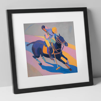 Vibrant Polo Charge polo horse art print in black frame