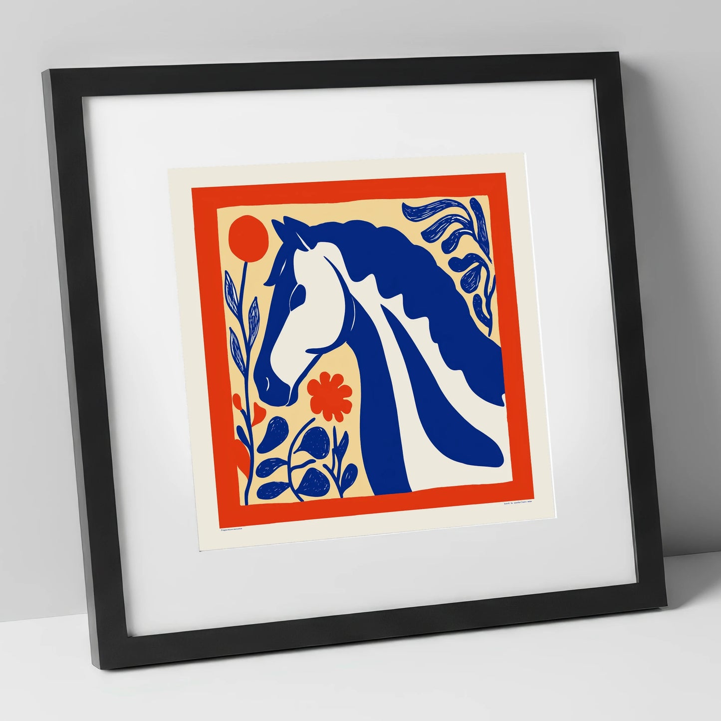 Cobalt Botanical Equine horse portrait art print in black frame