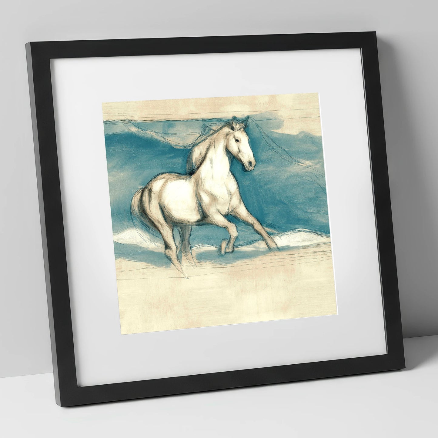 Ethereal Grey Canter horse portrait art print in black frame