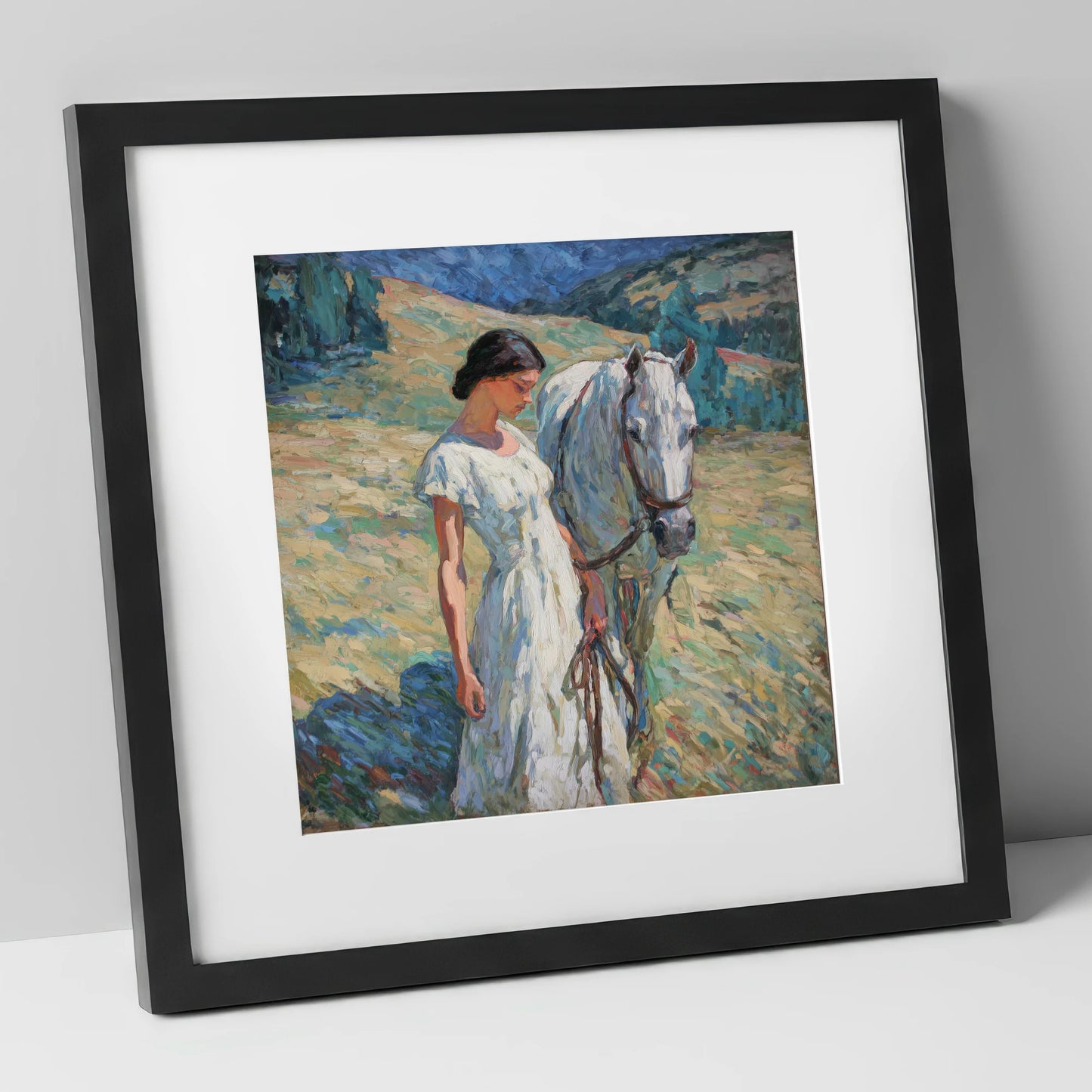 A Quiet Connection horse & rider art print in black frame