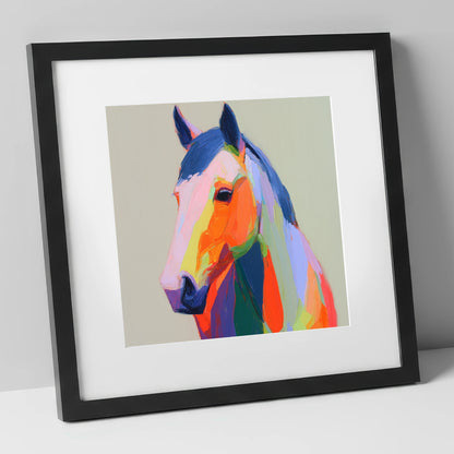 Vivid Technicolour Spirit horse portrait art print in black frame