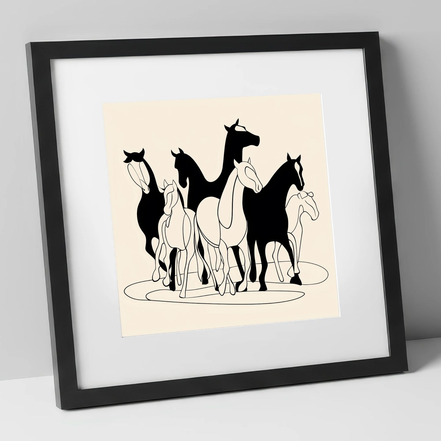 Monochrome Herd Silhouettes wild horses art print in black frame