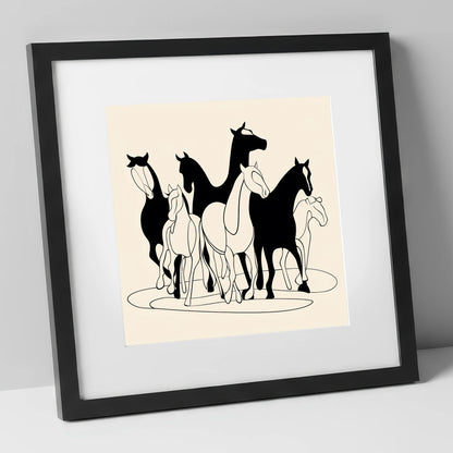Monochrome Herd Silhouettes wild horses art print in black frame