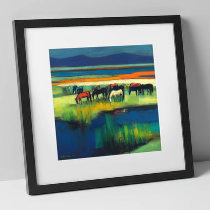 Vibrant Grazing Herd wild horses art print in black frame
