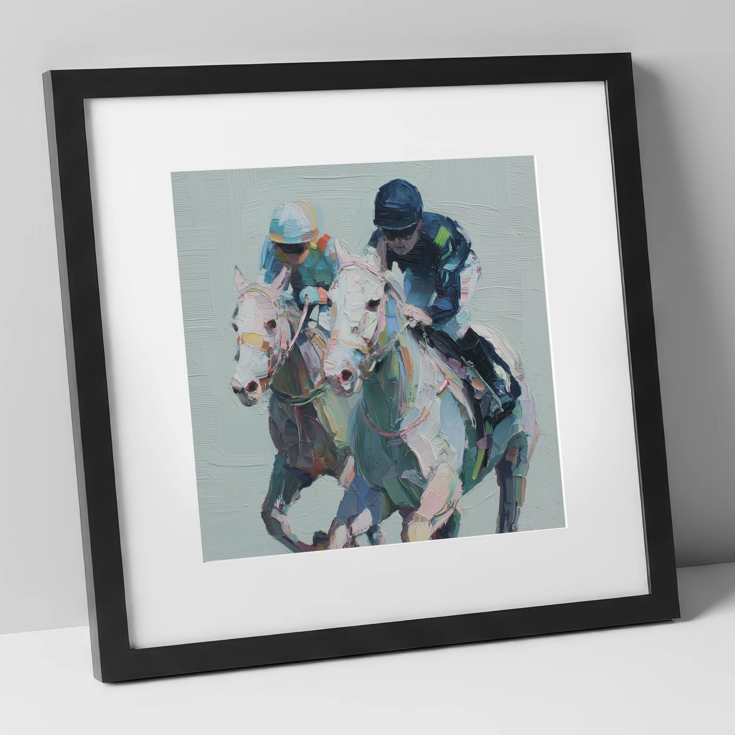 The Final Furlong racing horse art print in black frame