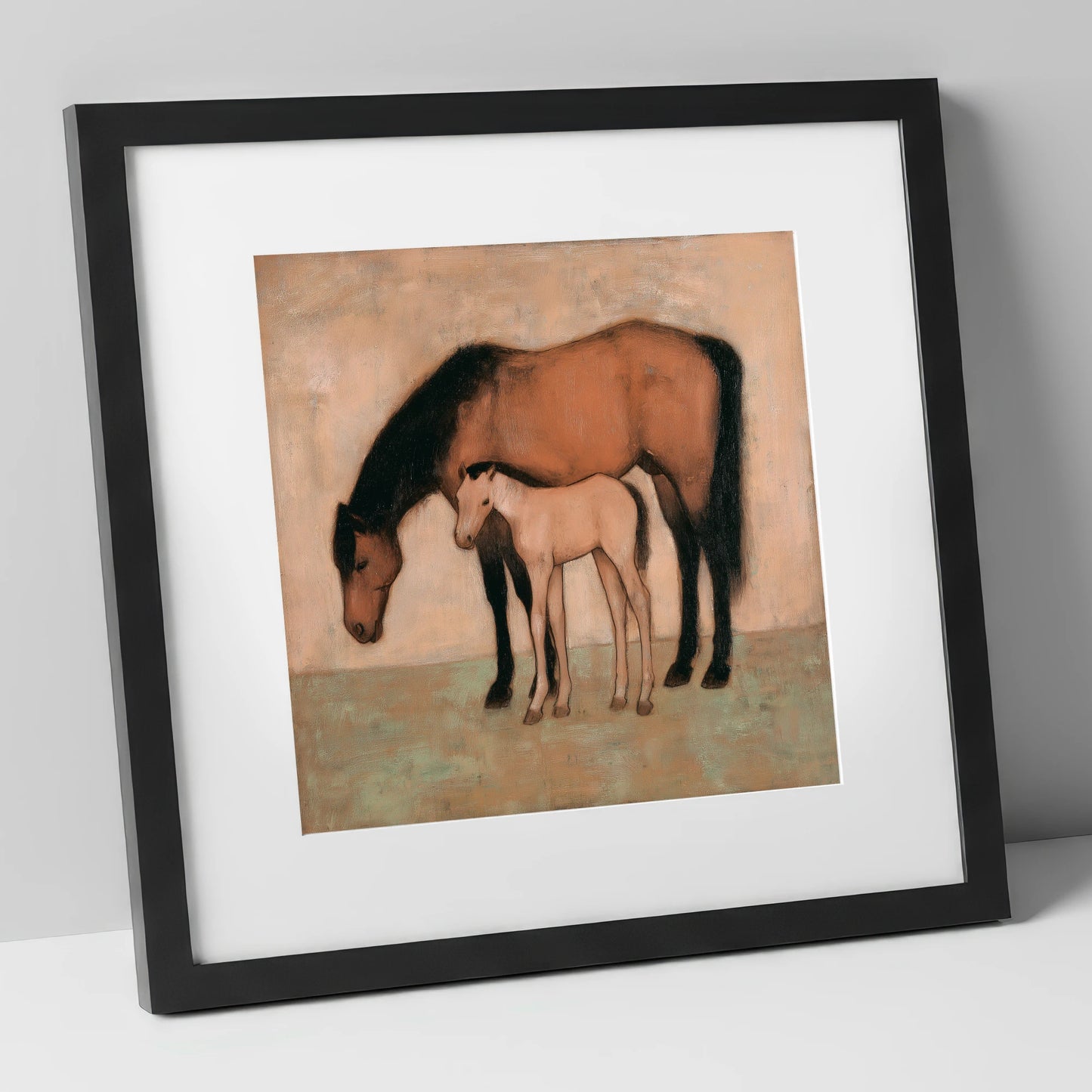 Quiet Pasture Bond mare & foal art print in black frame