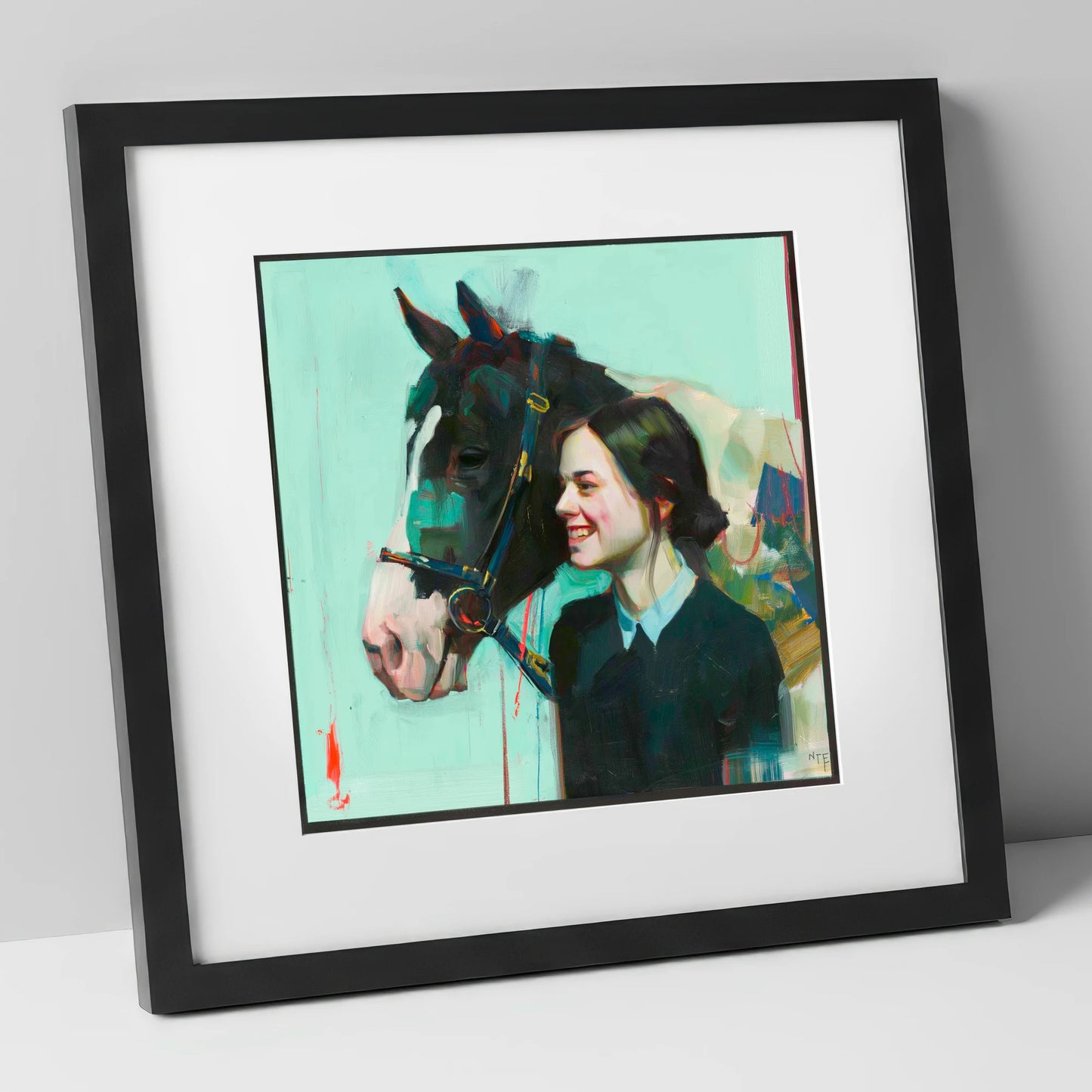 A Shared Understanding horse & rider art print in black frame