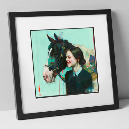 A Shared Understanding horse & rider art print in black frame