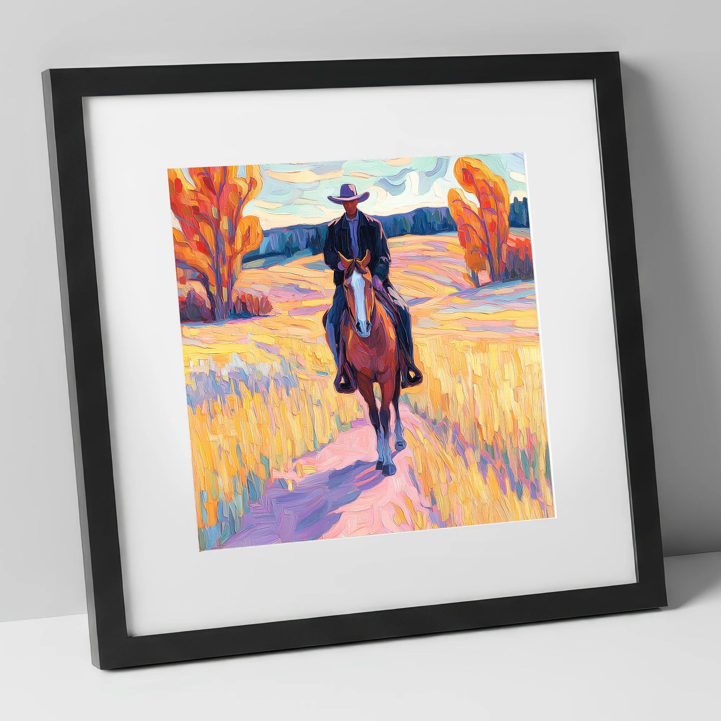 Vibrant Western Trail western horse art print in black frame