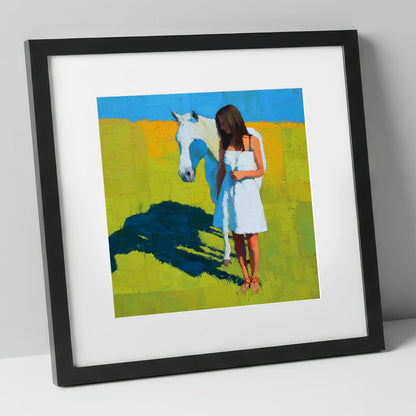 High Summer Shadows horse & rider art print in black frame