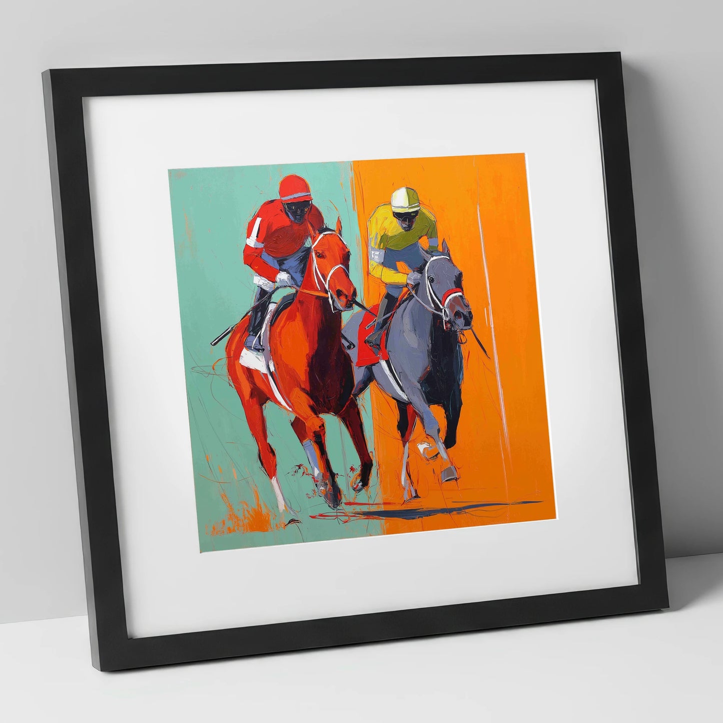 Neck and Neck racing horse art print in black frame