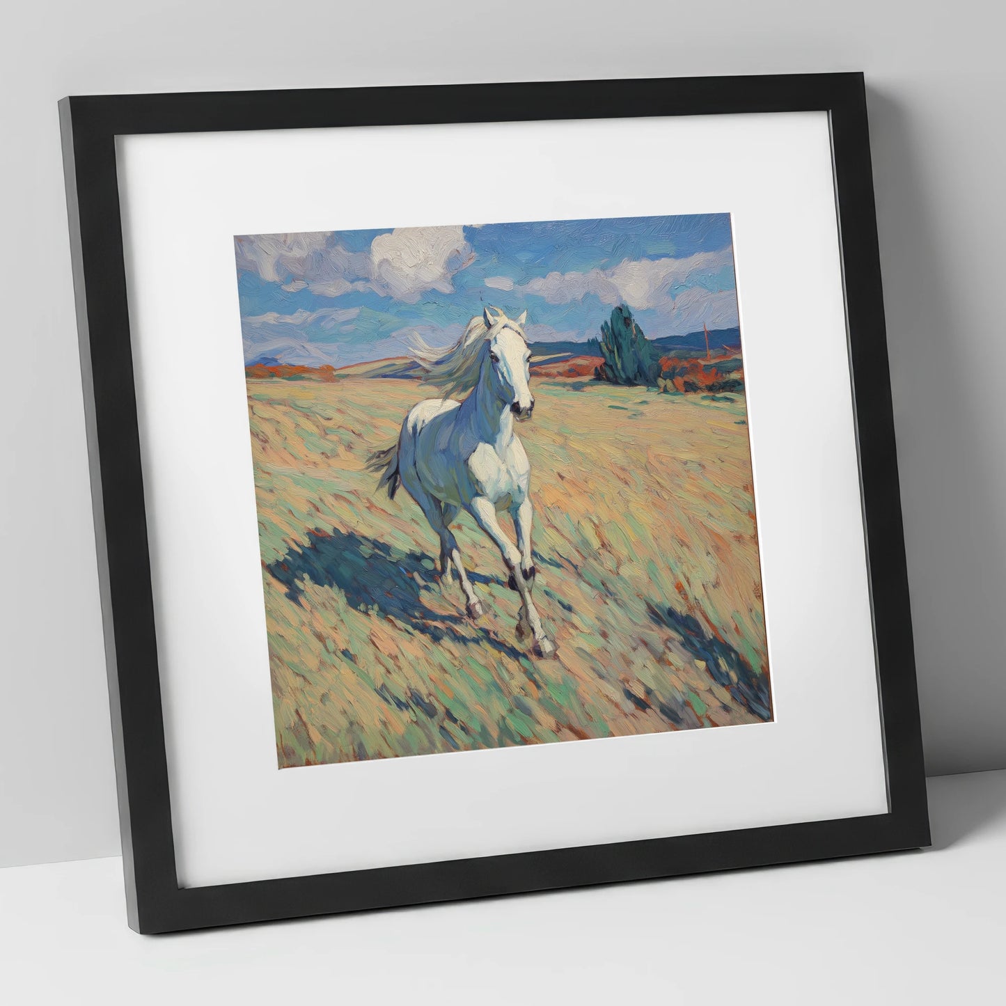 Sunlit Meadow Gallop wild horses art print in black frame