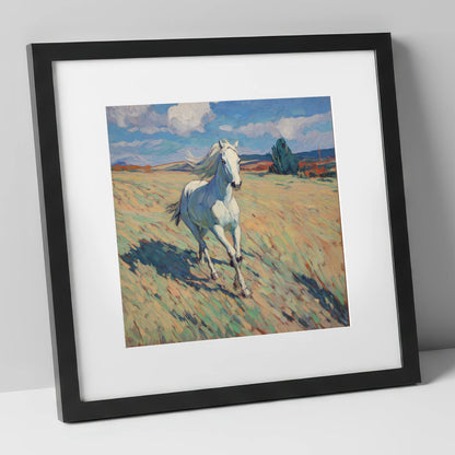 Sunlit Meadow Gallop wild horses art print in black frame