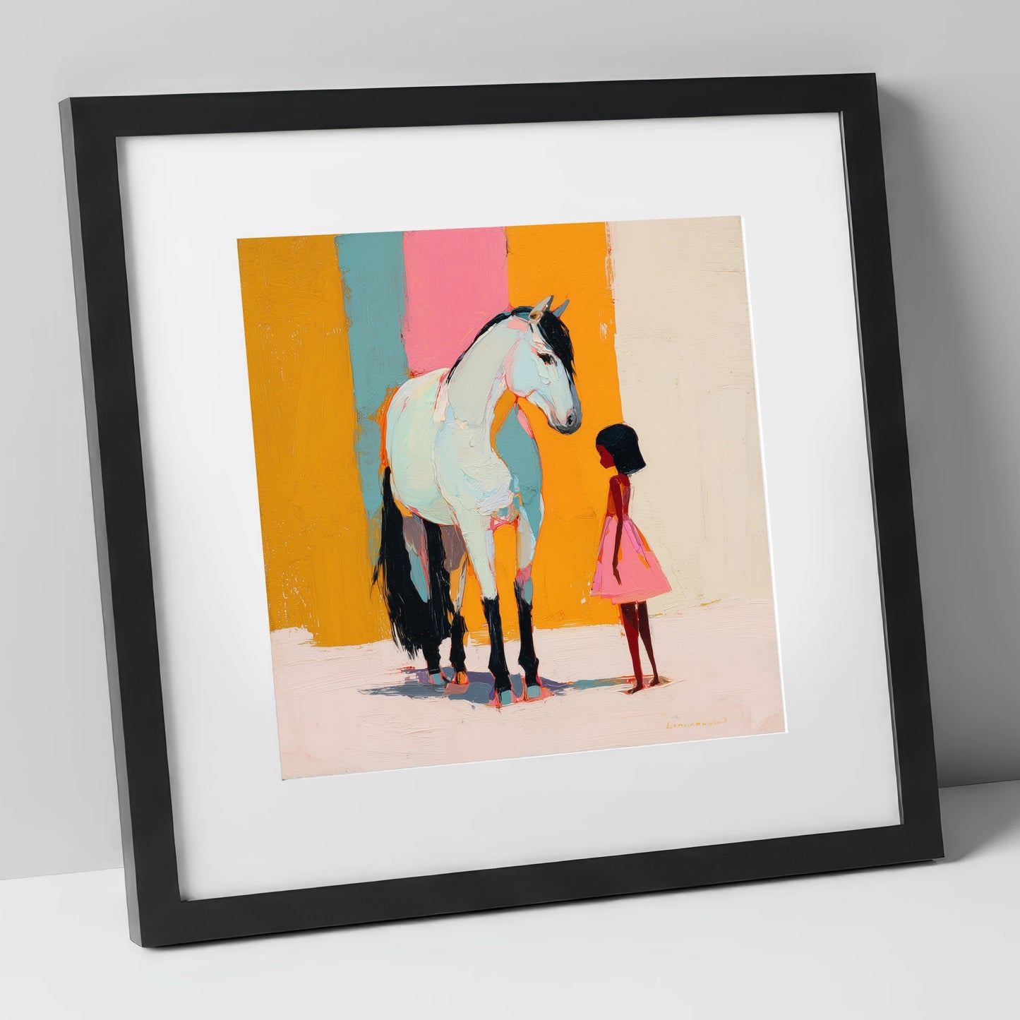 A Colourful Bond horse & rider art print in black frame
