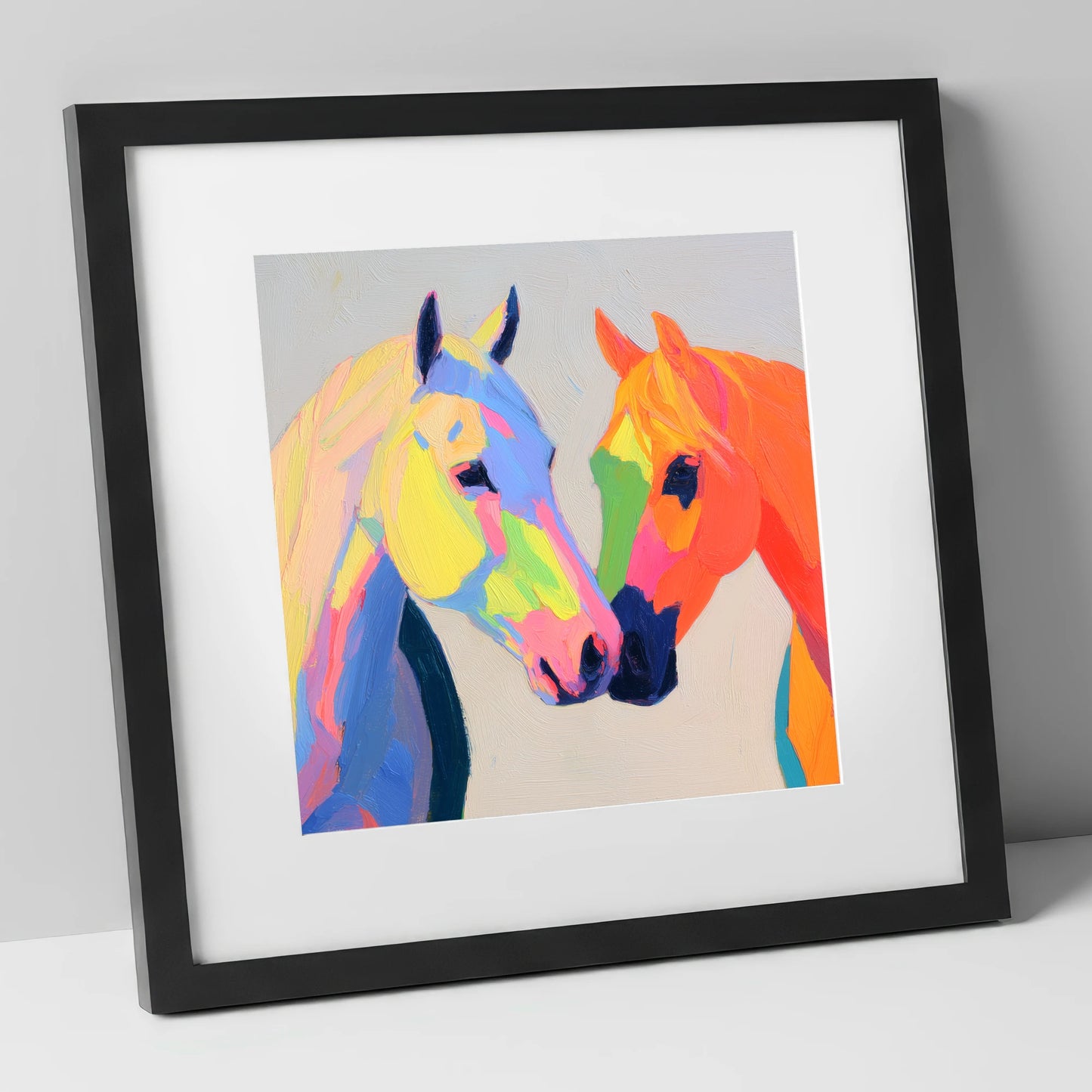 Technicolour Companions horse portrait art print in black frame