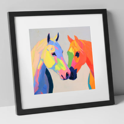 Technicolour Companions horse portrait art print in black frame
