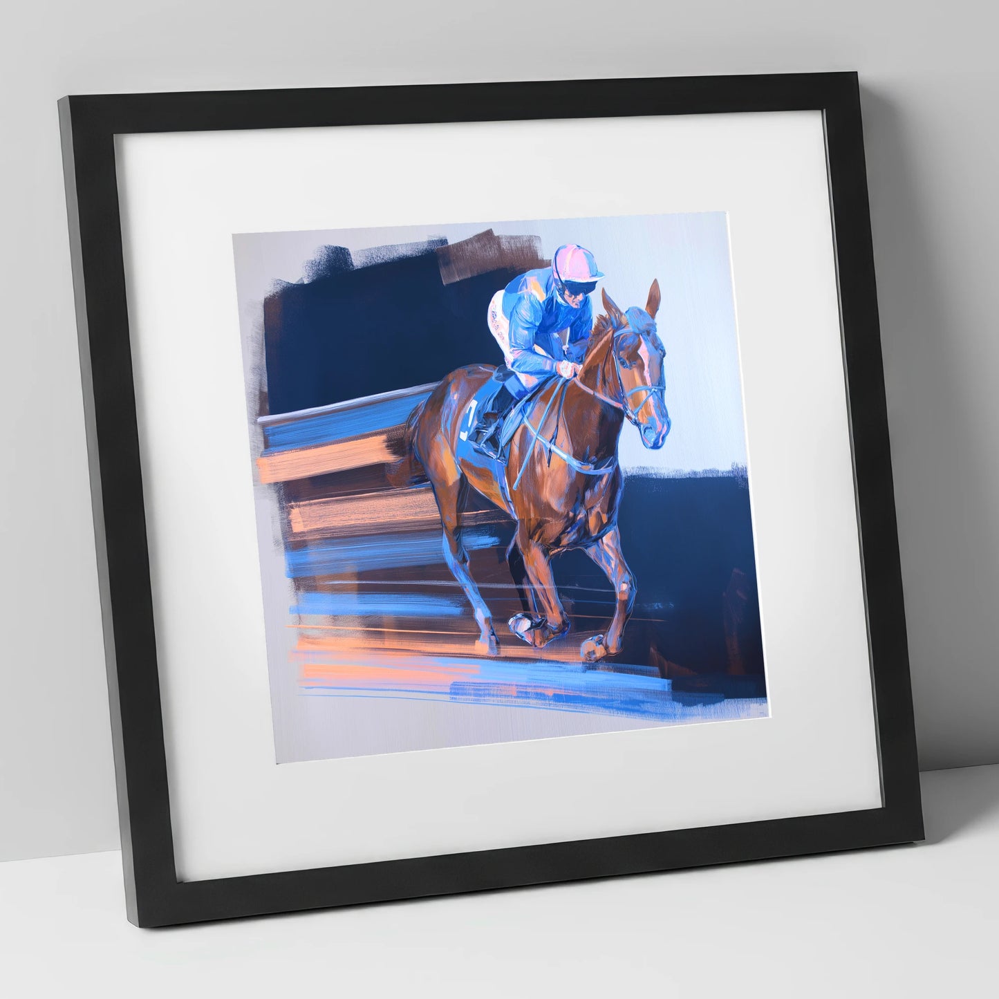 Velocity in Blue racing horse art print in black frame