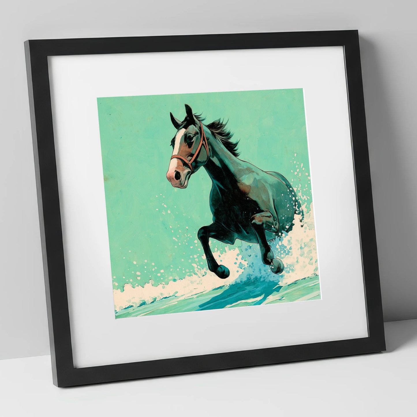 Sea Spray Gallop beach horse art print in black frame