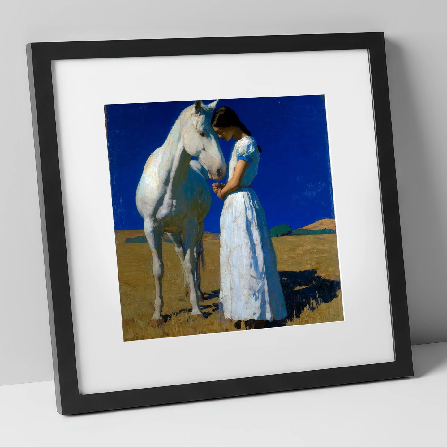 Sunlit Serenity horse & rider art print in black frame