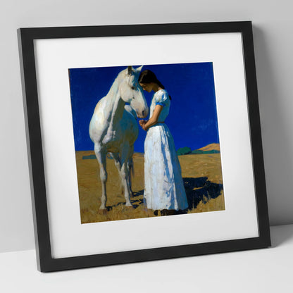 Sunlit Serenity horse & rider art print in black frame