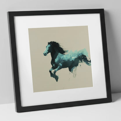 Dynamic Teal Bound horse breed art print in black frame