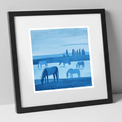 Azure Meadow Grazing horse landscape art print in black frame