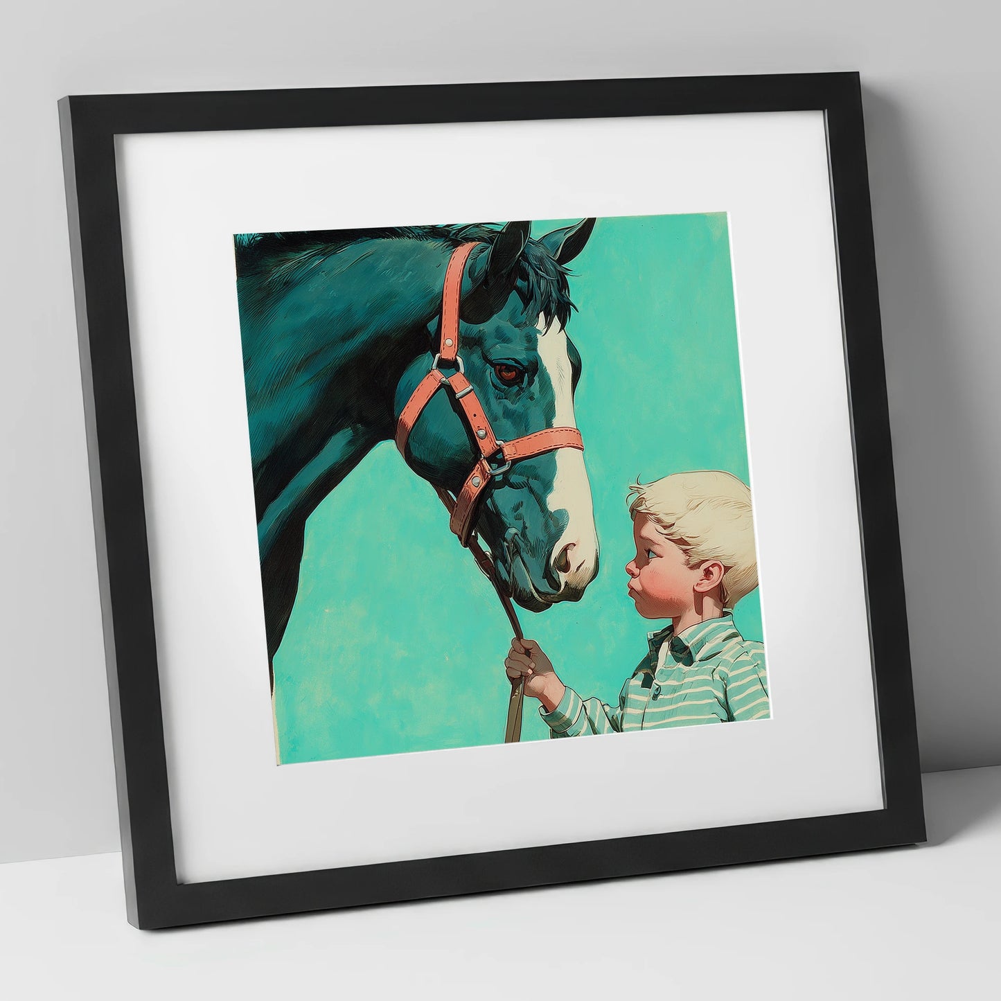 A Quiet Connection horse & rider art print in black frame