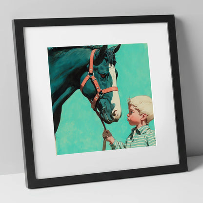 A Quiet Connection horse & rider art print in black frame