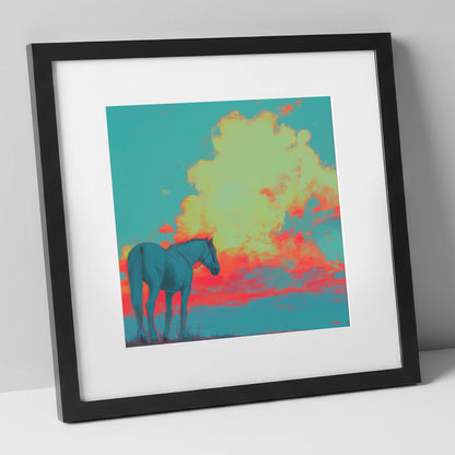 Teal Sunset Horizon horse landscape art print in black frame