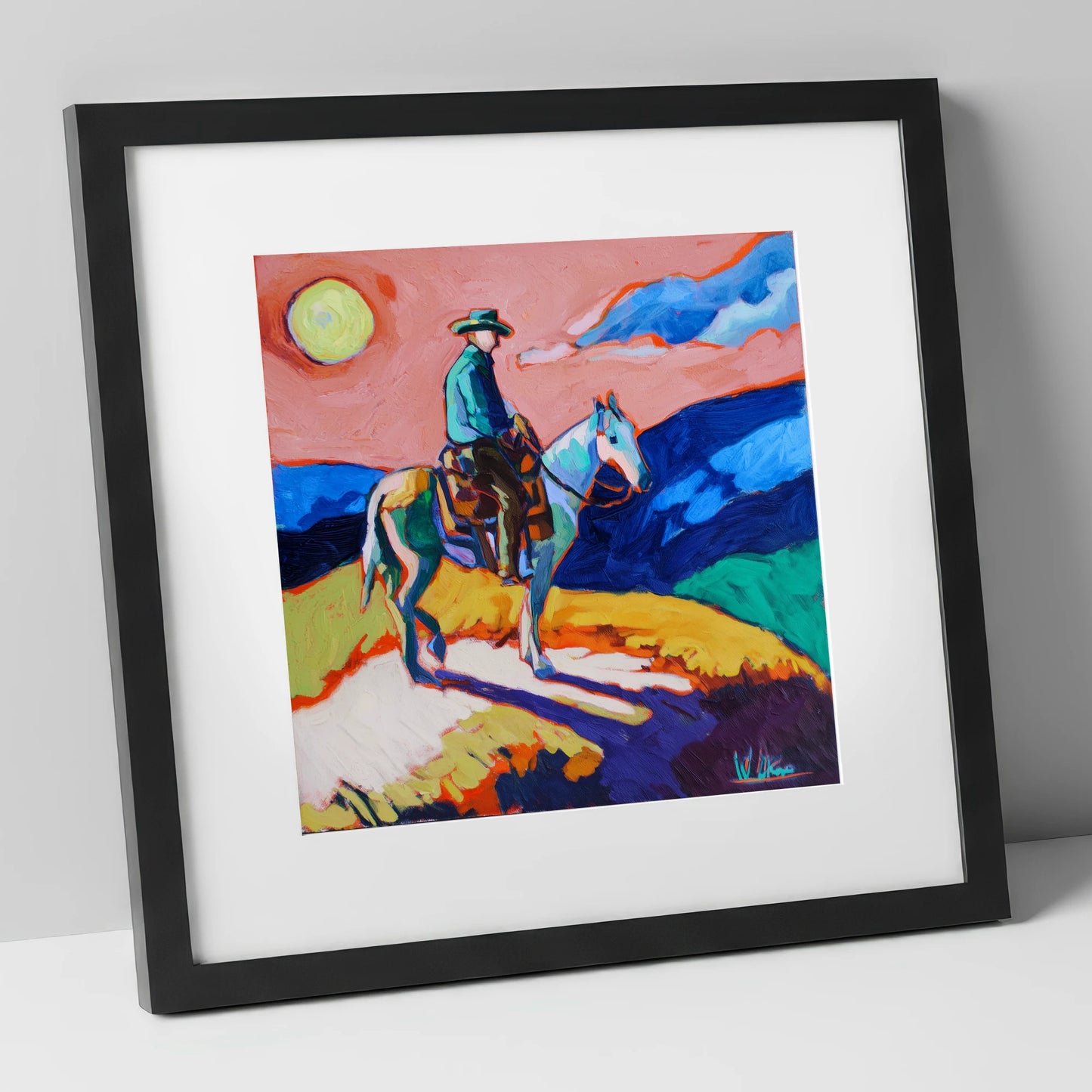 Technicolour Trail Rider western horse art print in black frame