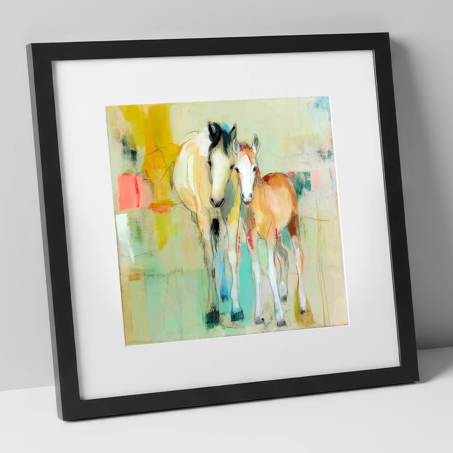 Gentle Nurture mare & foal art print in black frame