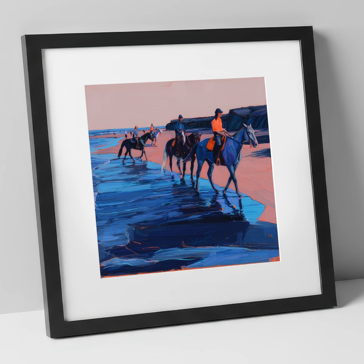 Twilight Coastal Hack horse landscape art print in black frame