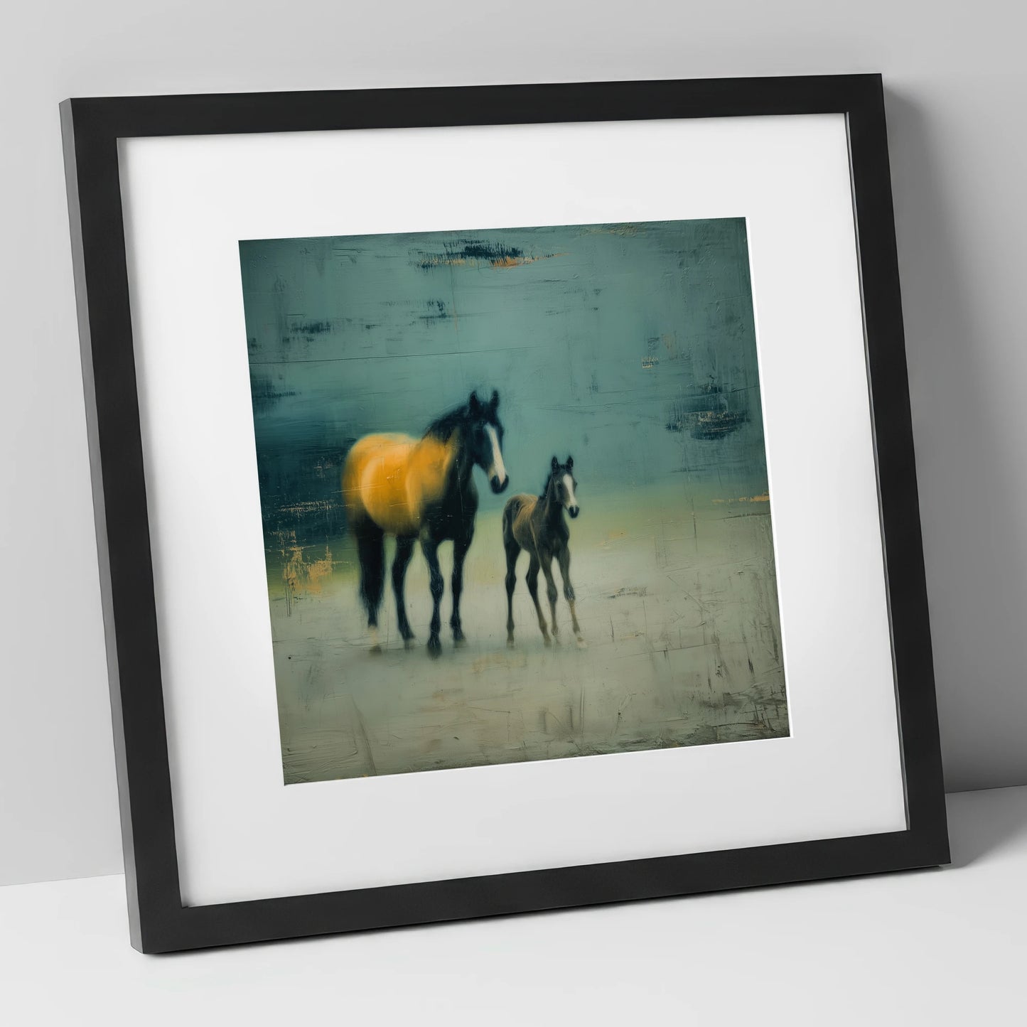Ochre Light and Shadow mare & foal art print in black frame