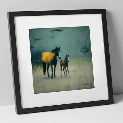 Ochre Light and Shadow mare & foal art print in black frame
