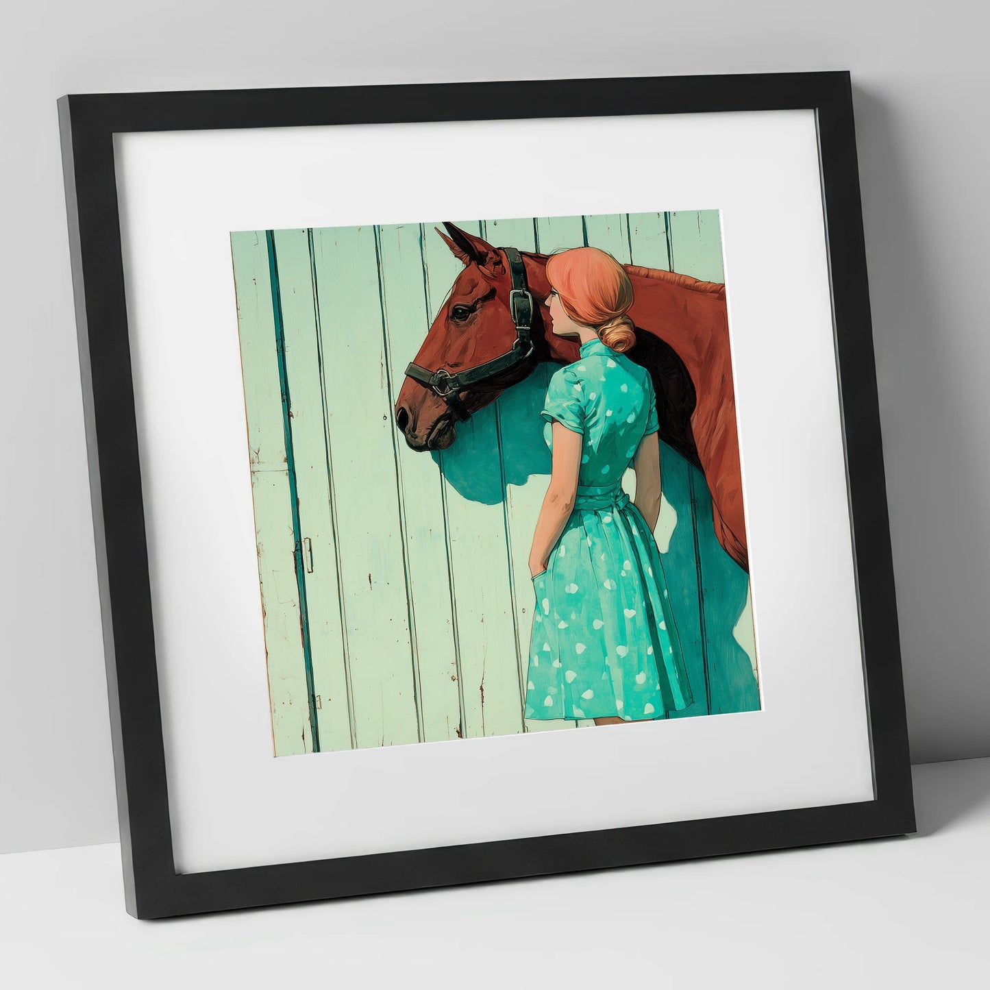 Shadows in Mint and Chestnut horse & rider art print in black frame