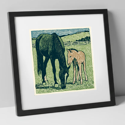 Rustic Pasture Companions mare & foal art print in black frame