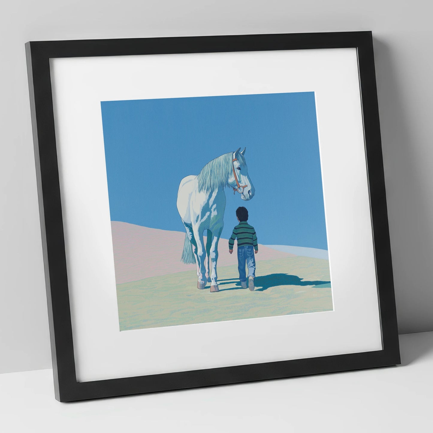 The Quiet Companion horse & rider art print in black frame