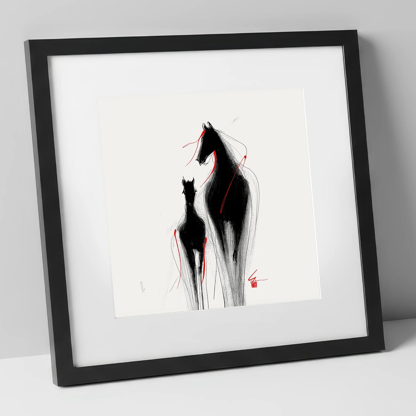 Crimson Threads mare & foal art print in black frame