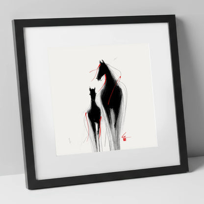Crimson Threads mare & foal art print in black frame