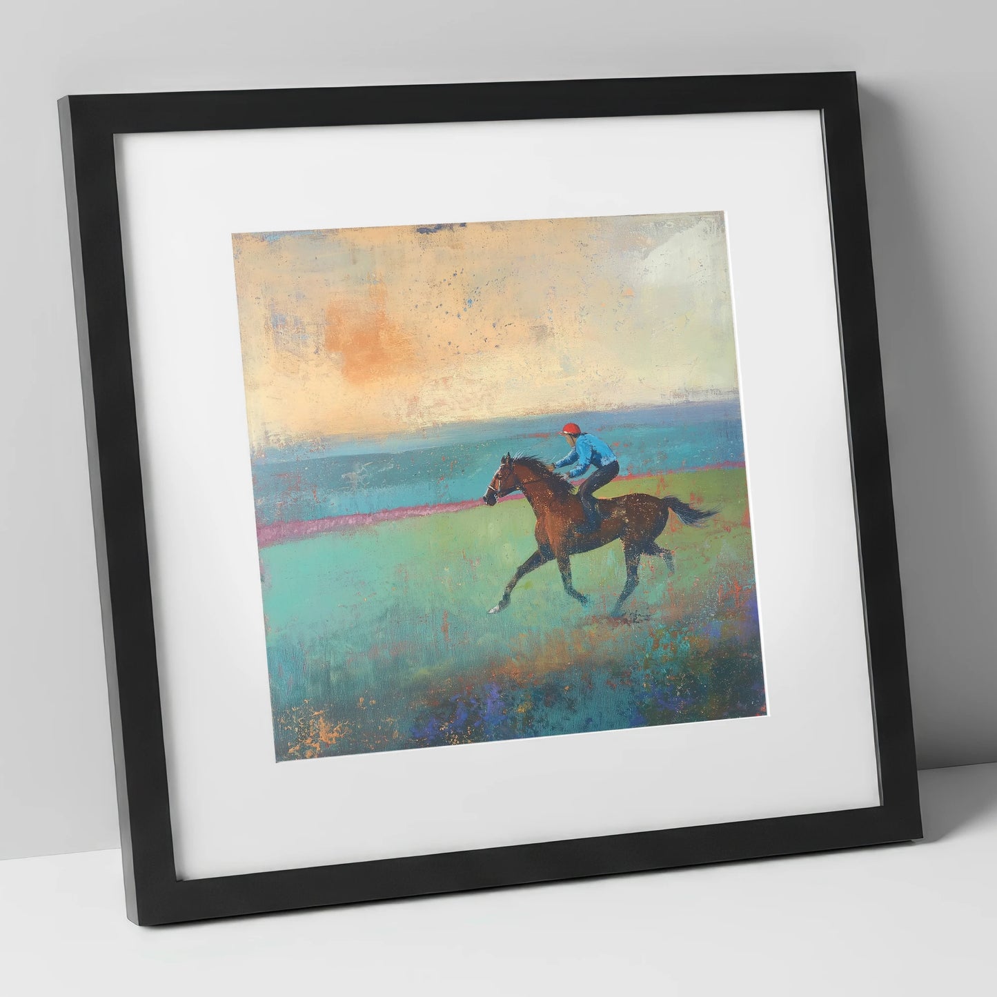 Early Morning Gallop racing horse art print in black frame